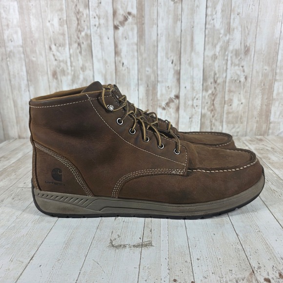 Carhartt Mens CMX4023 Dark Brown Leather Moc Toe Work Boots Size 15 W Wide